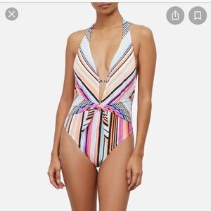 Kenneth Cole Striped Plunge One-Piece Swimsuit | Size Small